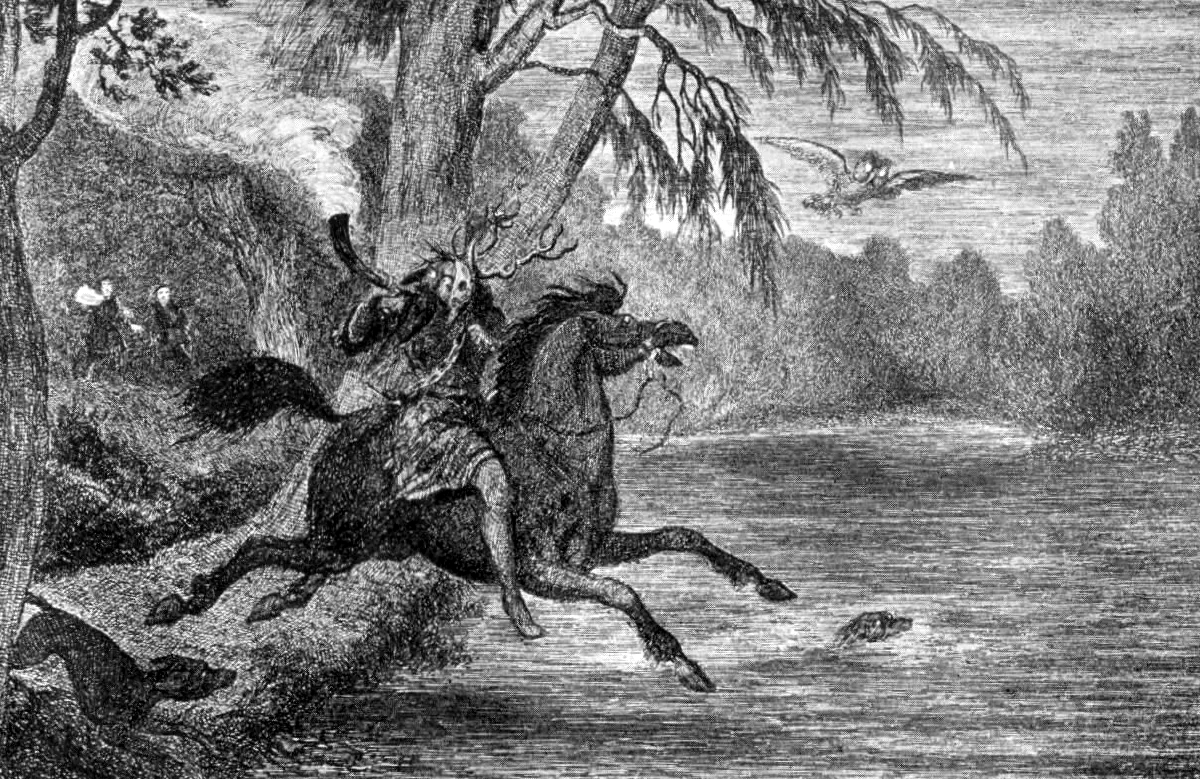 1840s illustration of Herne the Hunter riding a horse