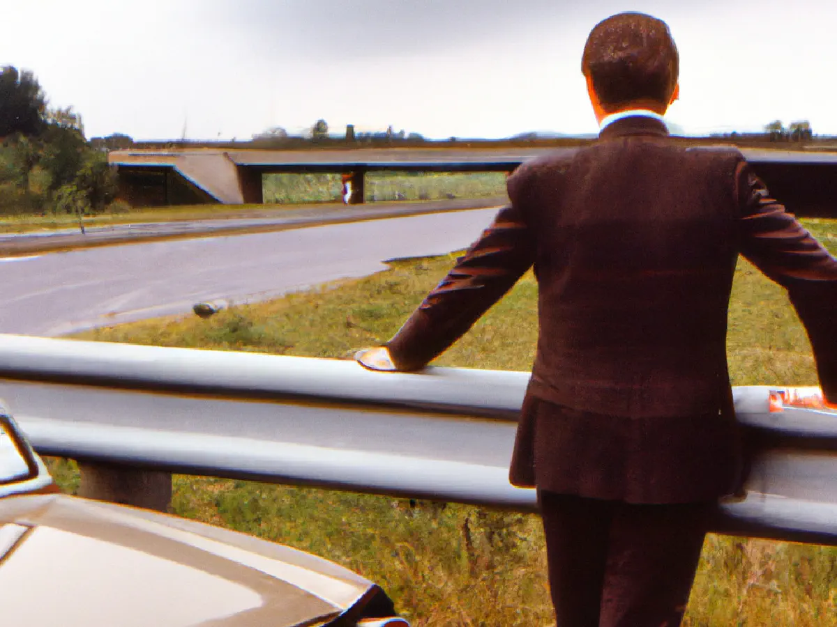 AI generated photo of an officious looking male proudly overseeing the building of a road through the countryside